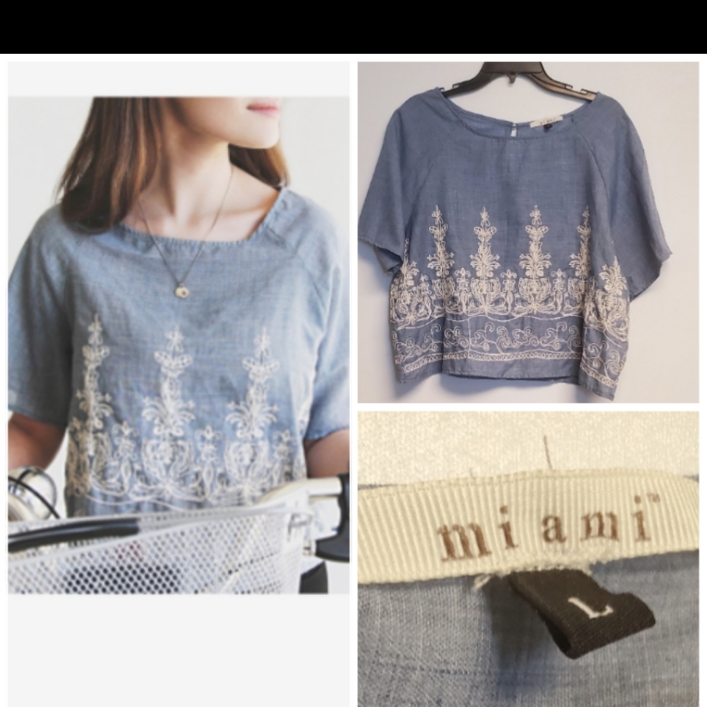 Fefrancesca's Mi Ami Blue Embroidered Chambray Denim Cropped Shirt Top Large